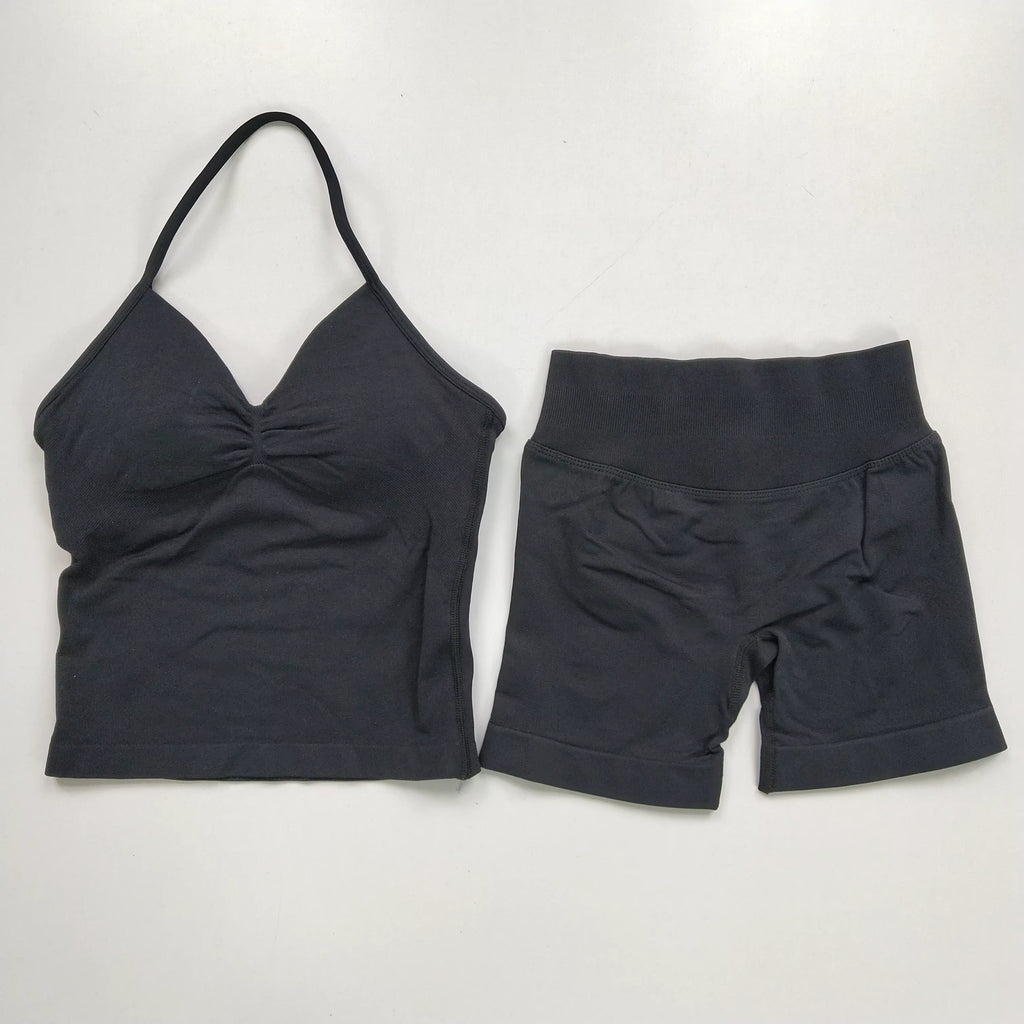 2 Pcs Sports Set Women Backless Tank Tops High Waist Scrunch Seamless Shorts Yoga Suit Gym Set Sportswear Workout Set