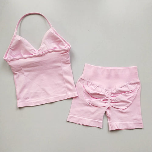 2 Pcs Sports Set Women Backless Tank Tops High Waist Scrunch Seamless Shorts Yoga Suit Gym Set Sportswear Workout Set