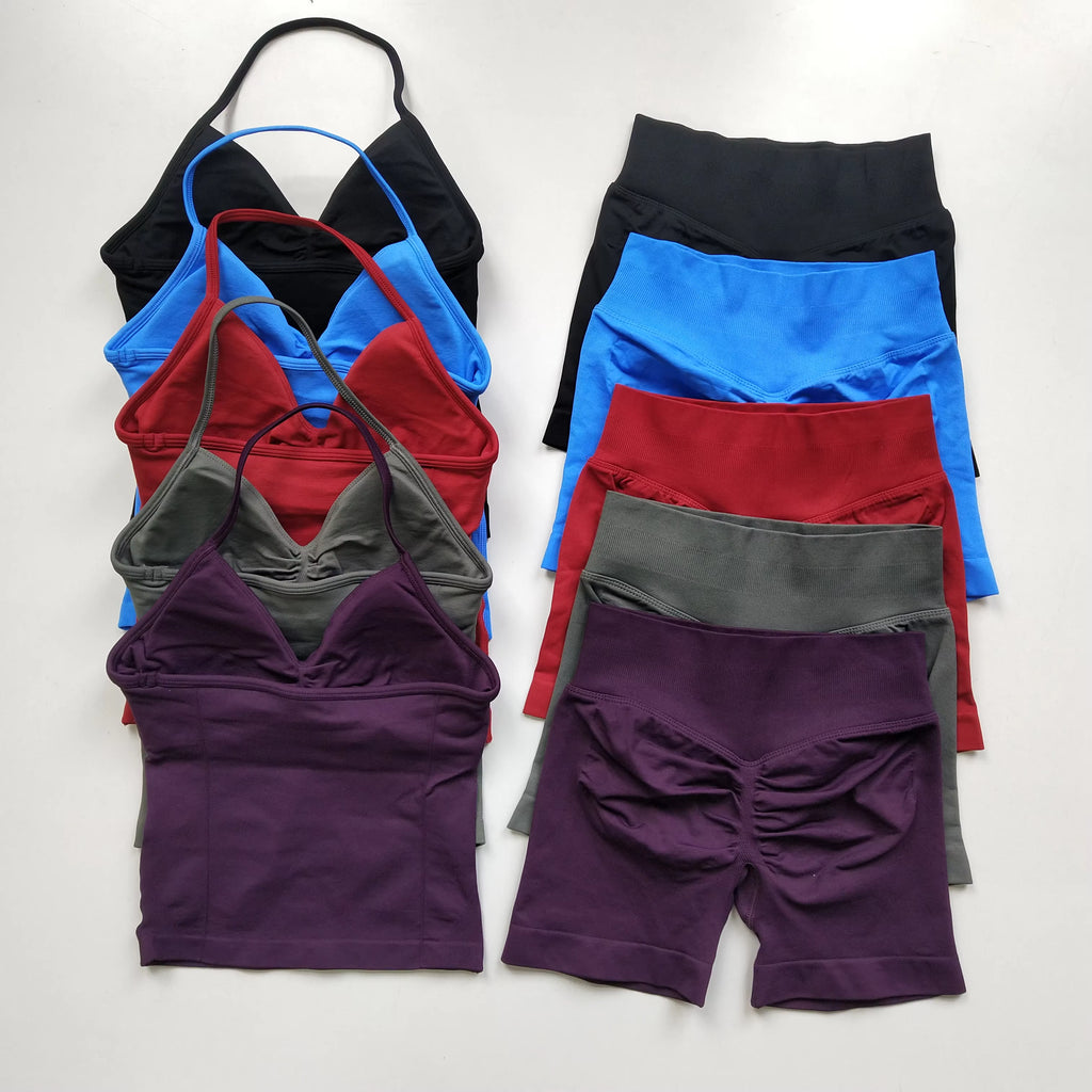 2 Pcs Sports Set Women Backless Tank Tops High Waist Scrunch Seamless Shorts Yoga Suit Gym Set Sportswear Workout Set