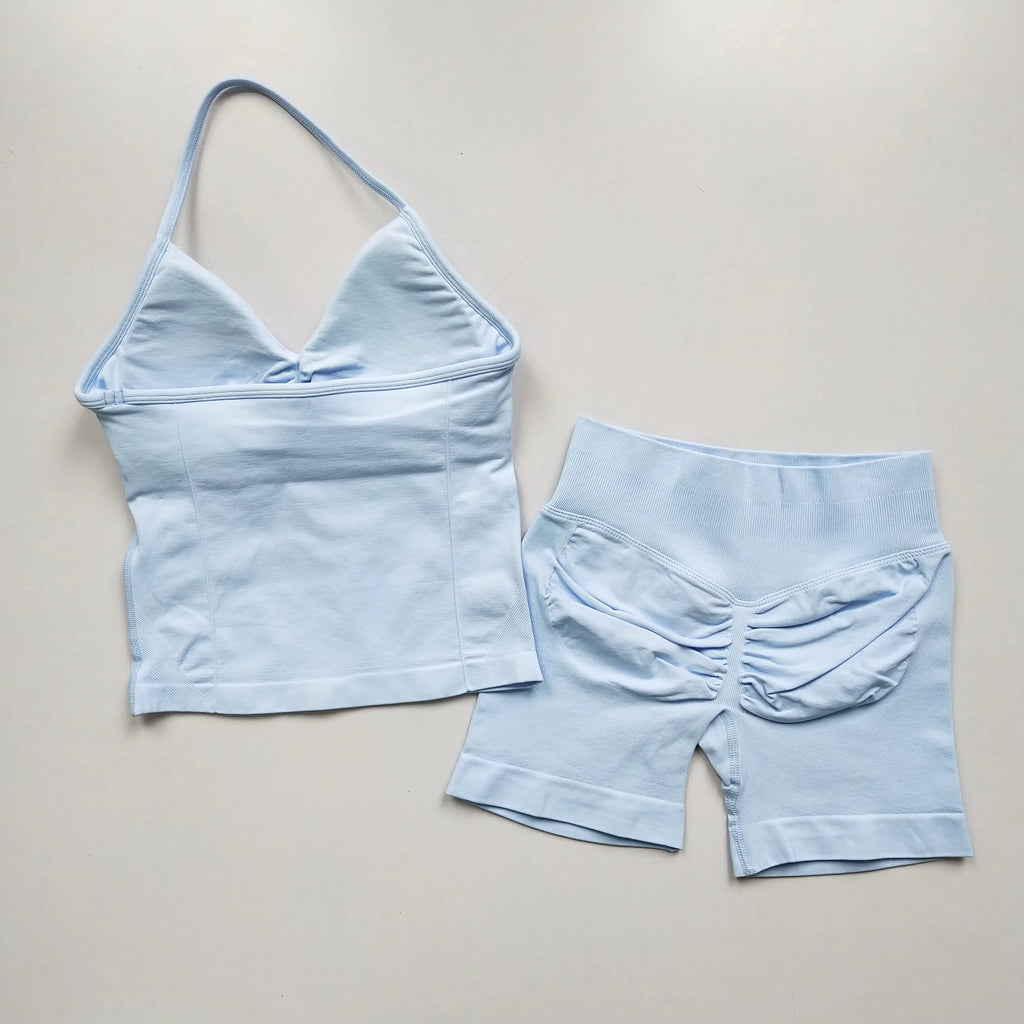 2 Pcs Sports Set Women Backless Tank Tops High Waist Scrunch Seamless Shorts Yoga Suit Gym Set Sportswear Workout Set