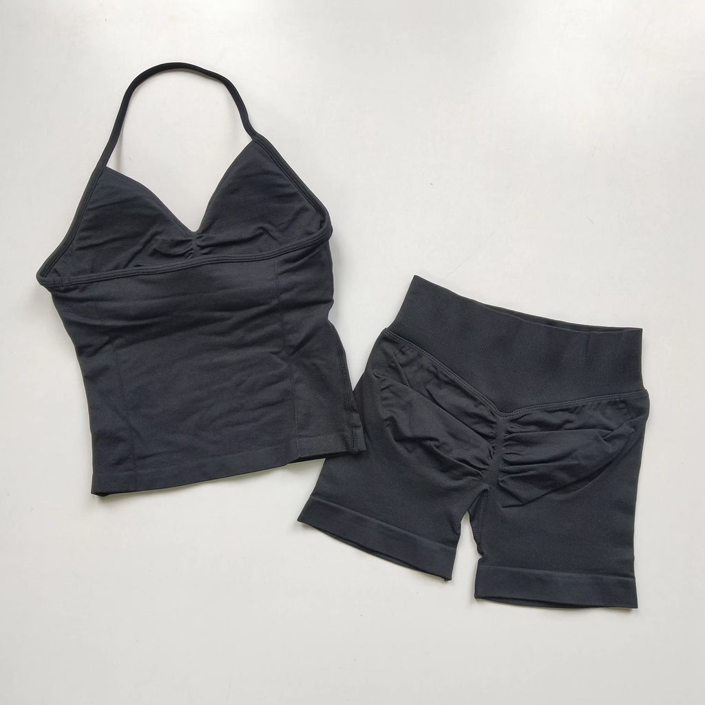 2 Pcs Sports Set Women Backless Tank Tops High Waist Scrunch Seamless Shorts Yoga Suit Gym Set Sportswear Workout Set
