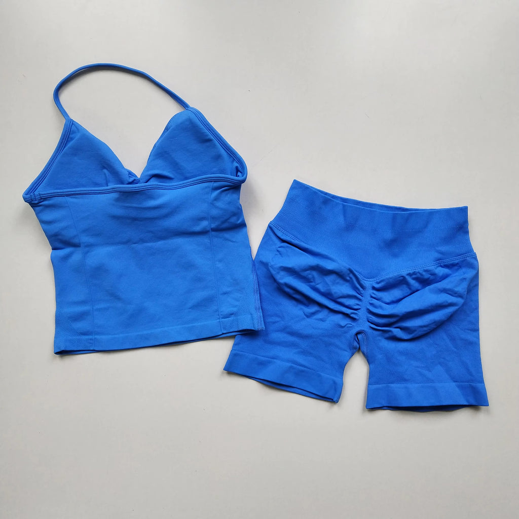 2 Pcs Sports Set Women Backless Tank Tops High Waist Scrunch Seamless Shorts Yoga Suit Gym Set Sportswear Workout Set